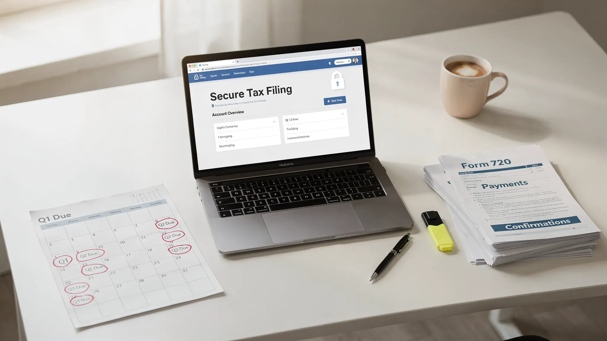 An office desk scene with a laptop open to a secure online tax filing portal (screen facing the viewer), a calendar showing quarterly due dates, and neatly organized documents labeled Form 720, payments, and confirmations.