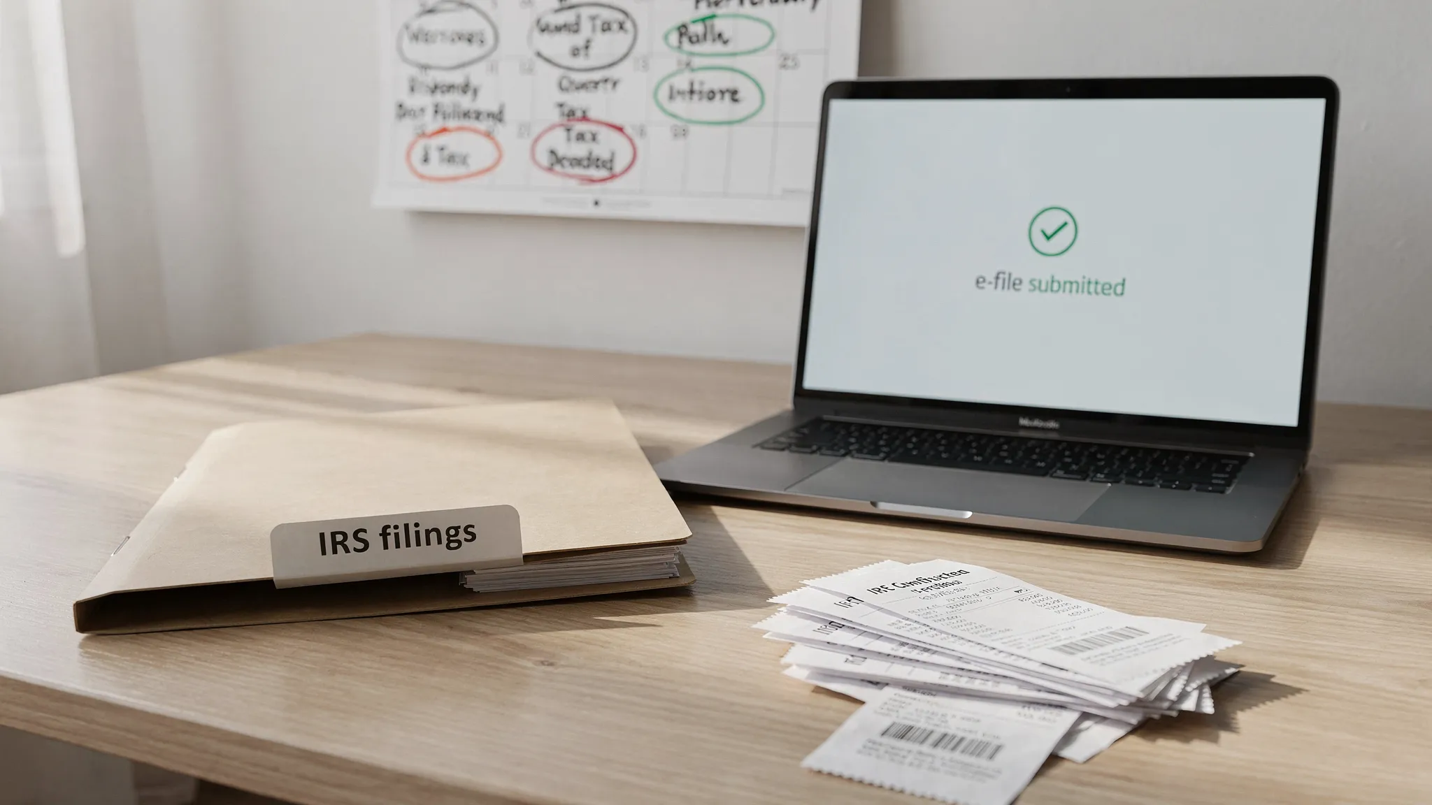 An organized tax prep workspace with a laptop open to a generic “e-file submitted” confirmation screen (no real logos), a paper folder labeled “IRS filings,” a calendar with quarterly deadlines highlighted, and a small stack of receipts and bank confirmation printouts.