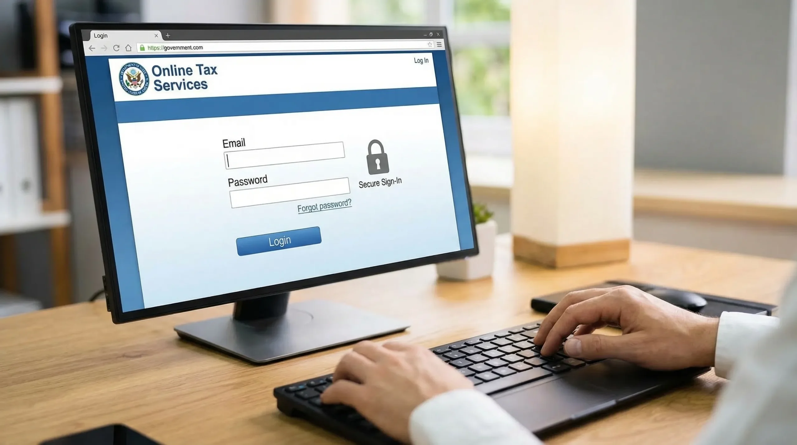Illustration of an online tax portal login screen with fields for email and password, a “Forgot password?” link, and a secure lock icon indicating encrypted sign-in.