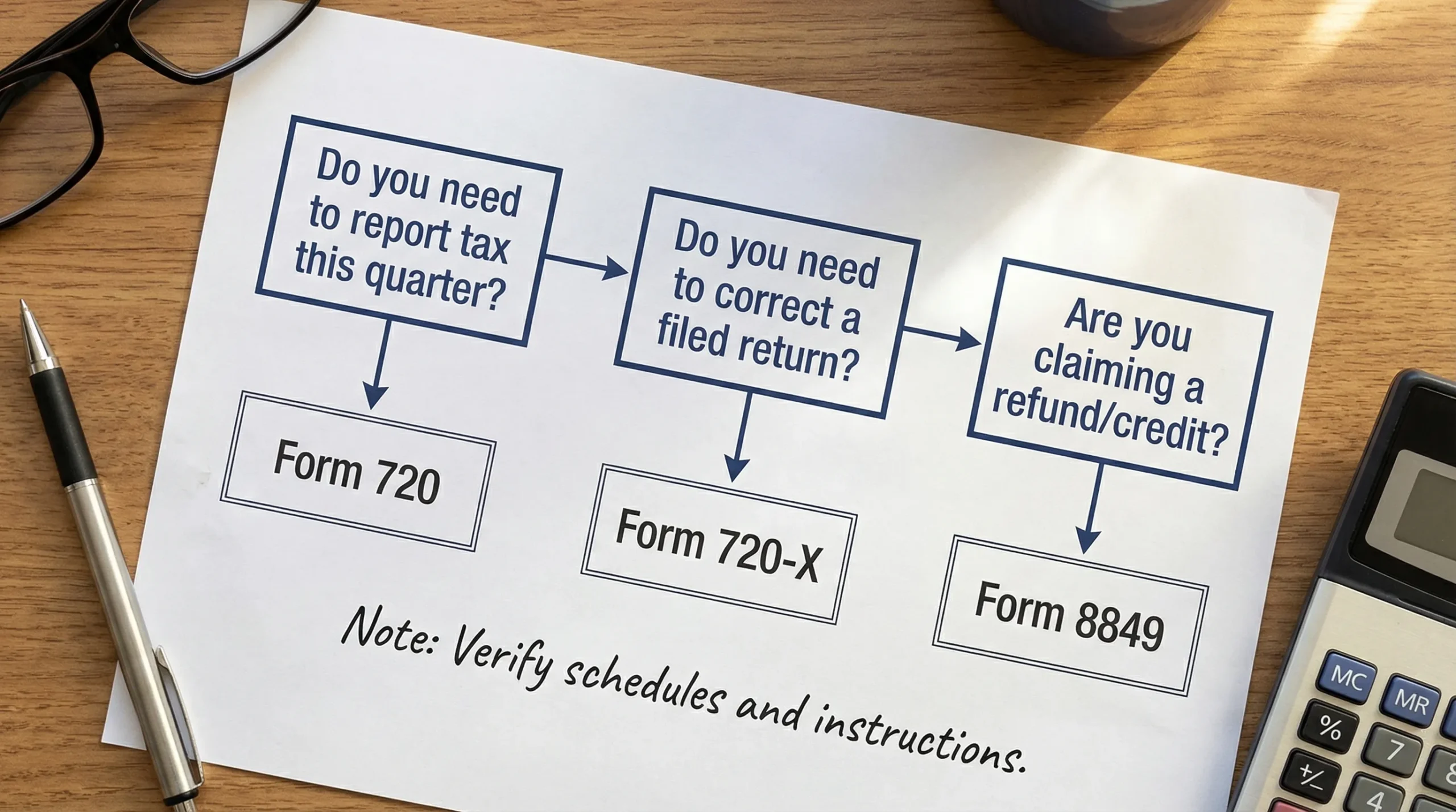Simple decision flowchart showing “Do you need to report tax this quarter?” leading to Form 720, “Do you need to correct a filed return?” leading to Form 720-X, and “Are you claiming a refund/credit?” leading to Form 8849, with a note to verify schedules and instructions.