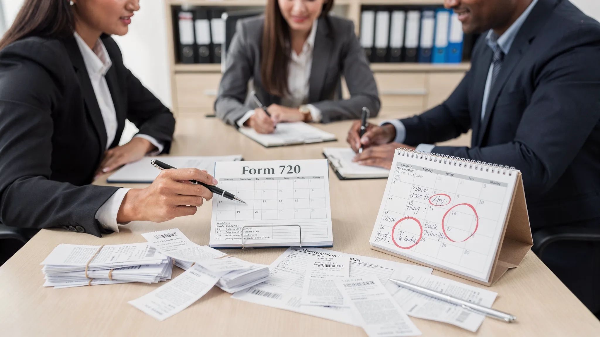 A business compliance scene: a small team at a desk reviewing a quarterly checklist labeled “Form 720,” with printed receipts and a calendar showing quarterly due dates. No computer screens visible.