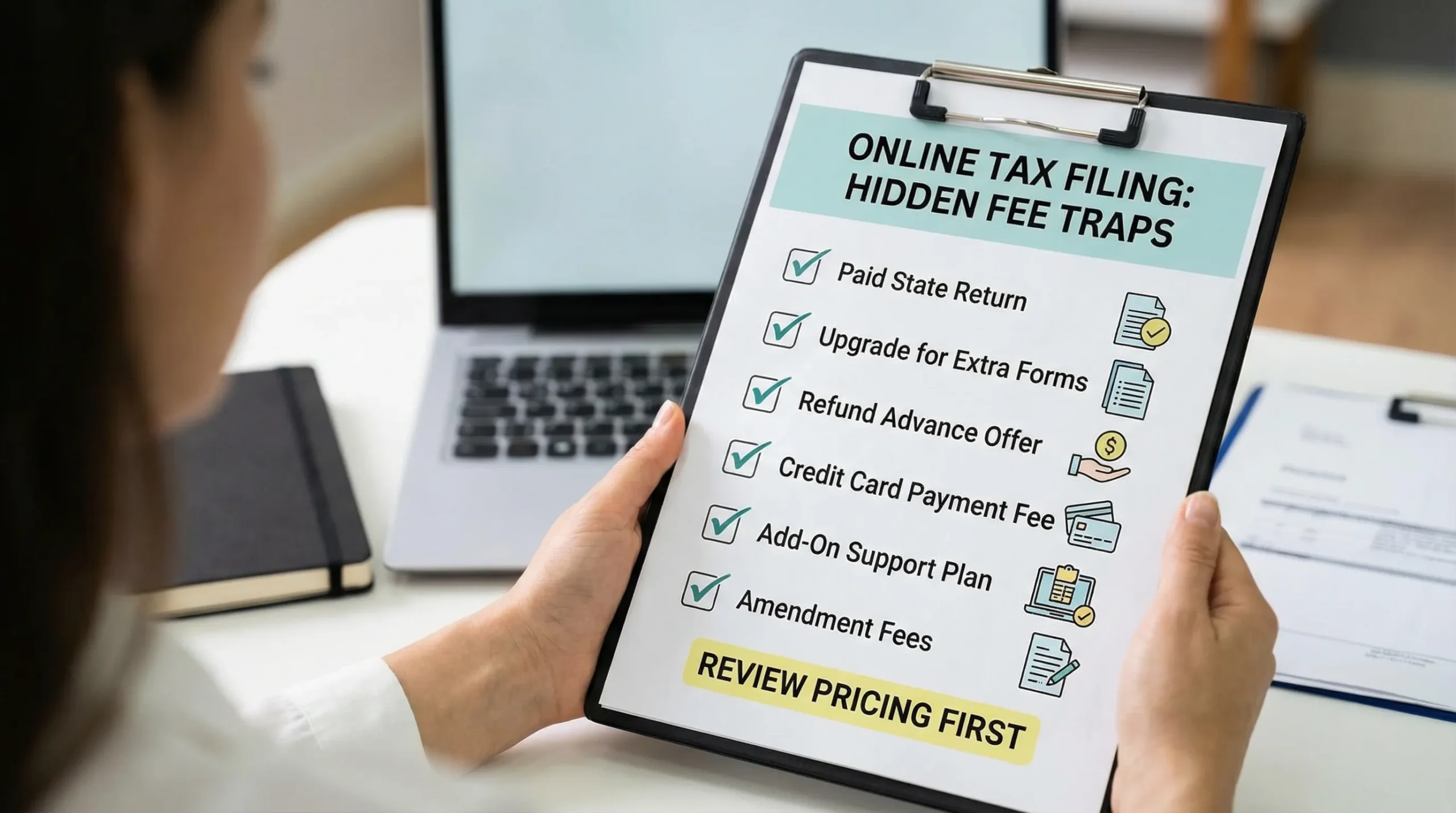 A checklist-style illustration showing common hidden fee traps in online tax filing: paid state return, upgrade for extra forms, refund advance offer, credit card payment fee, add-on support plan, and amendment fees, with a simple “review pricing first” callout.