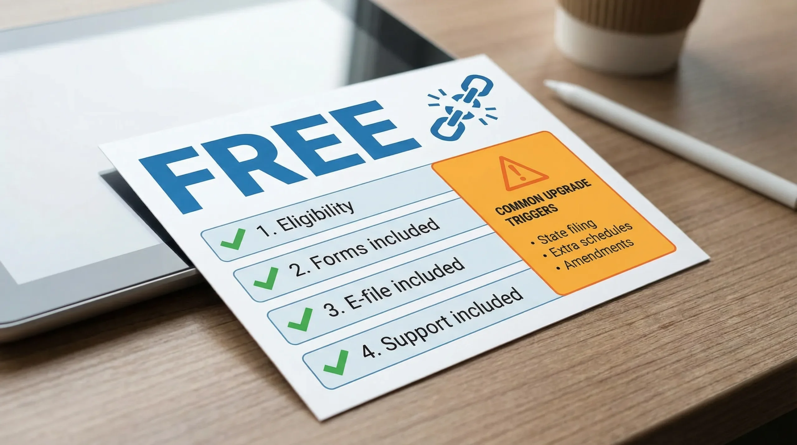 A clean infographic showing a “Free” label broken into four checklist items: eligibility, forms included, e-file included, and support included. Next to it, a small warning box listing common upgrade triggers like state filing, extra schedules, and amendments.
