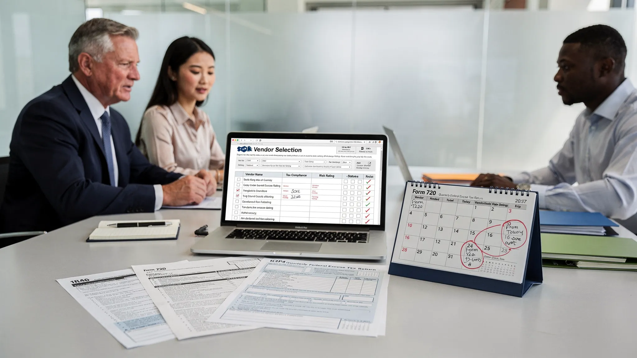 A CPA team in an office reviewing a vendor selection checklist on a laptop screen (screen facing the viewer), with printed IRS Form 720 and a calendar showing key deadlines on the desk.