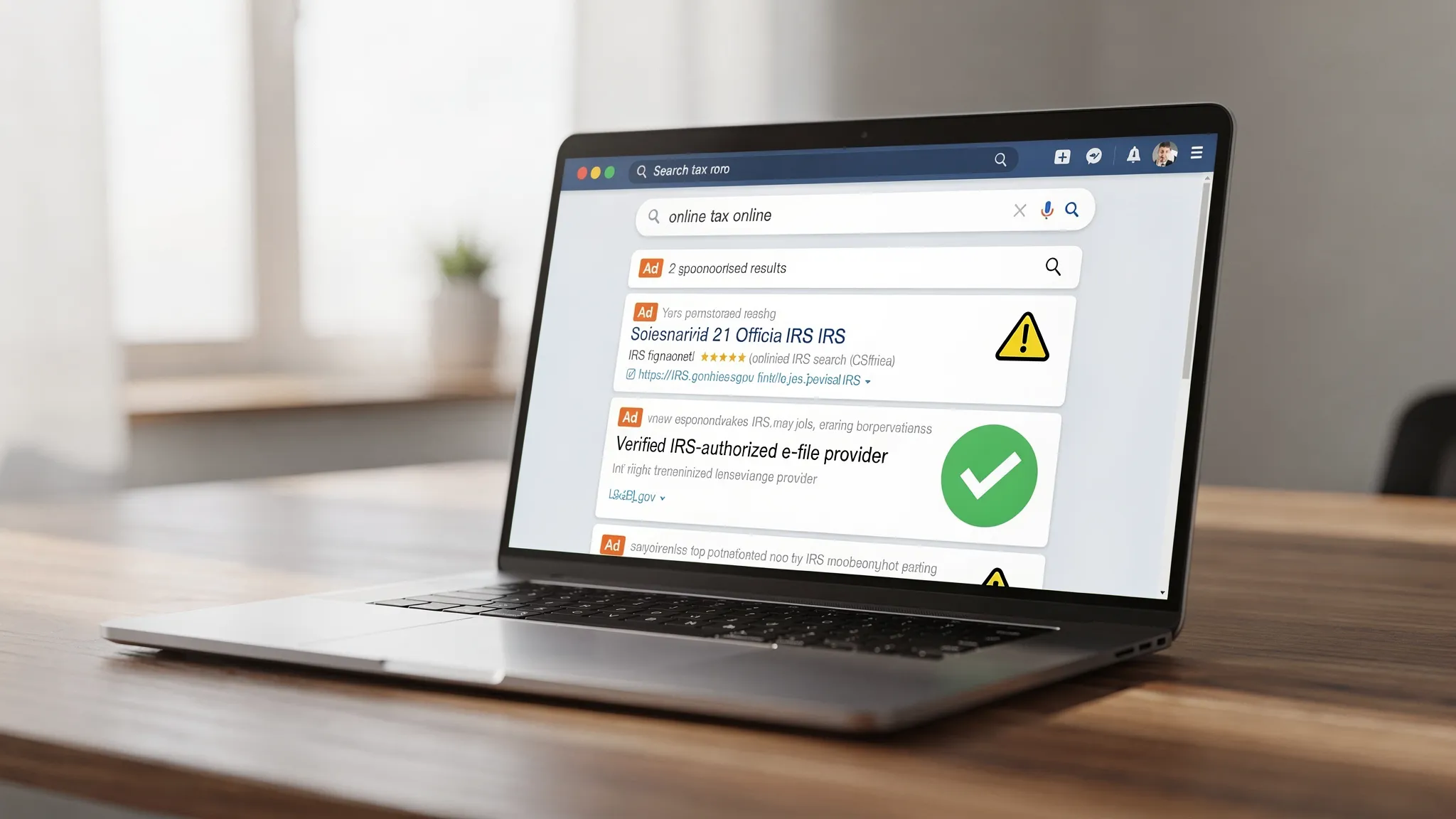 A laptop screen showing a search results page for “online tax online” with clearly marked ad labels at the top, one suspicious look-alike “IRS” result with a warning icon, and one verified IRS-authorized e-file provider result with a green check badge.