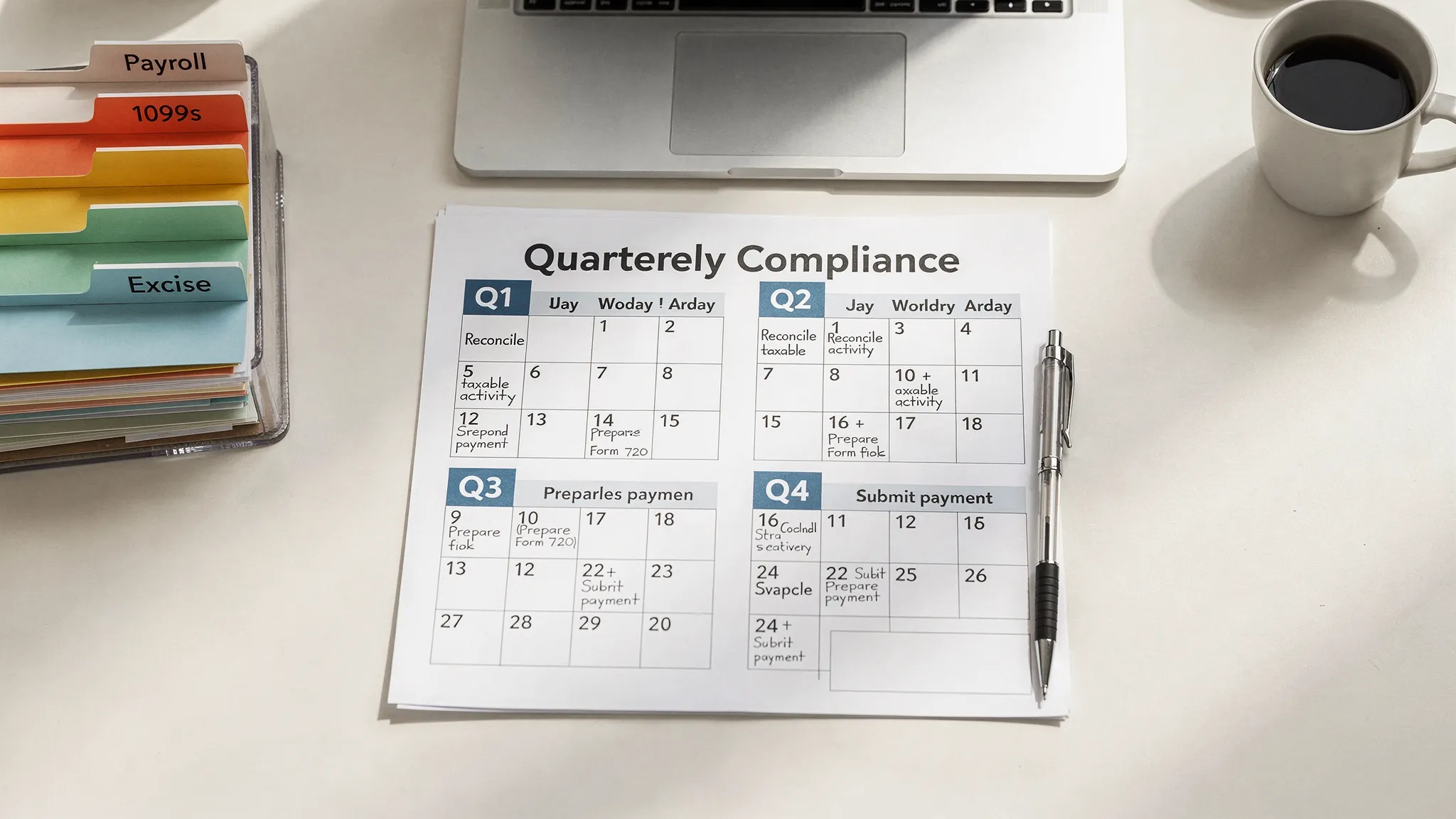 A quarterly compliance calendar on a desk with months labeled Q1–Q4 and key reminders like “Reconcile taxable activity,” “Prepare Form 720,” and “Submit payment,” alongside organized folders labeled Payroll, 1099s, and Excise.
