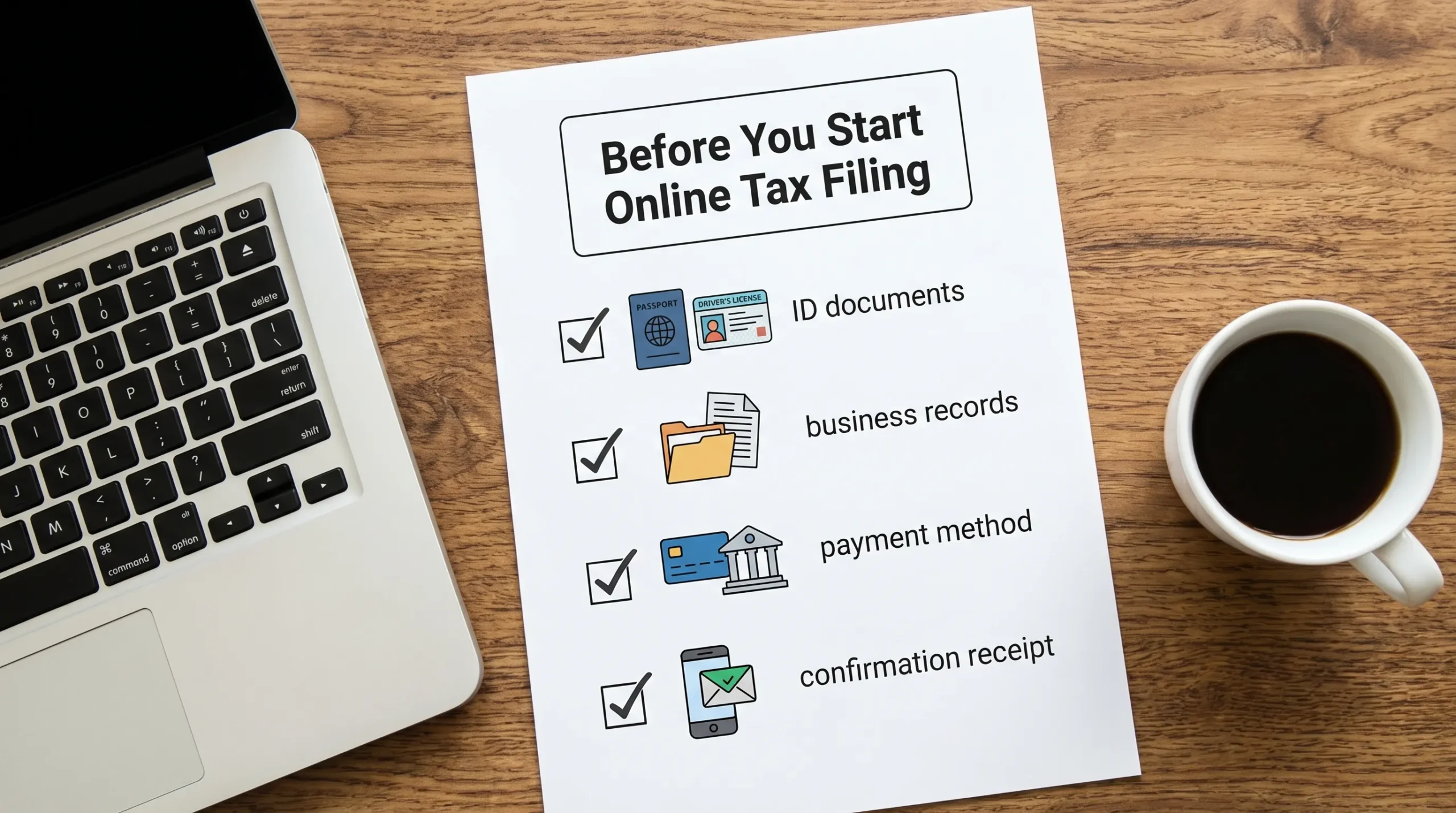 A simple checklist graphic titled “Before You Start Online Tax Filing” with icons for ID documents, business records, payment method, and confirmation receipt.