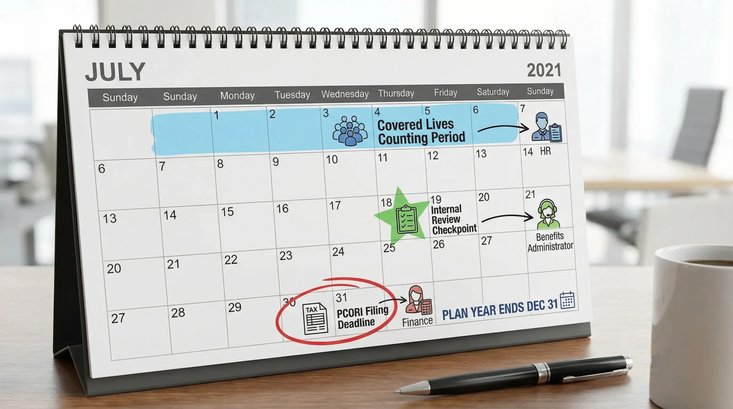 A simple compliance calendar showing a plan year ending, covered lives counting period, internal review checkpoint, and the July 31 PCORI filing deadline, with icons for HR, finance, and benefits administrator handoffs.