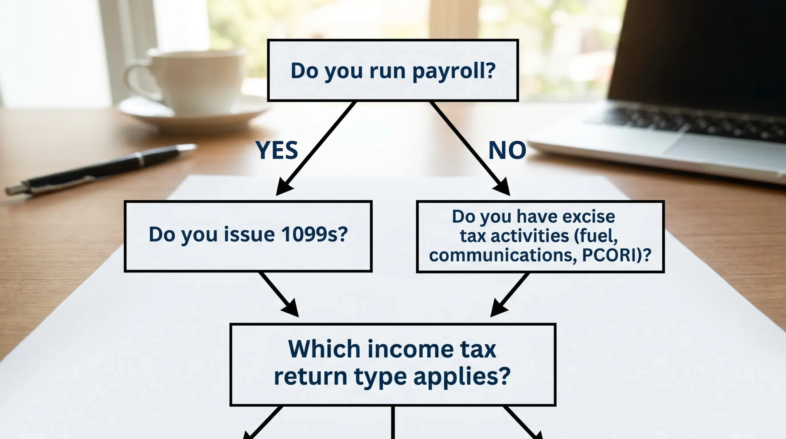 A simple decision flowchart for business federal filing: boxes labeled “Do you run payroll?”, “Do you issue 1099s?”, “Do you have excise tax activities (fuel, communications, PCORI)?”, and “Which income tax return type applies?”, connected by arrows to show how filing requirements are determined.