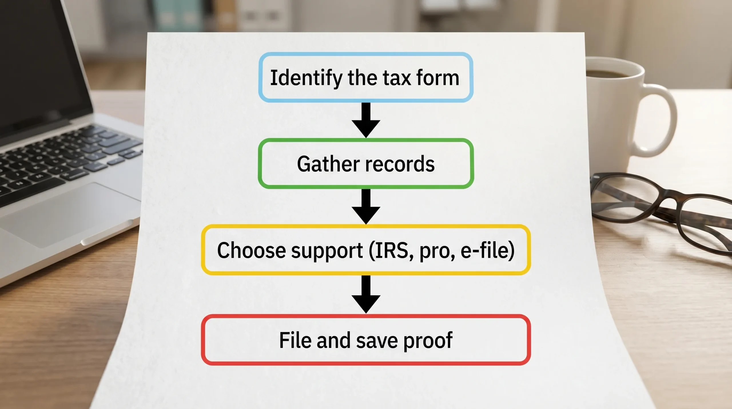 A simple flowchart showing four boxes connected by arrows: “Identify the tax form” to “Gather records” to “Choose support (IRS, pro, e-file)” to “File and save proof,” illustrating how to choose reliable tax return help.