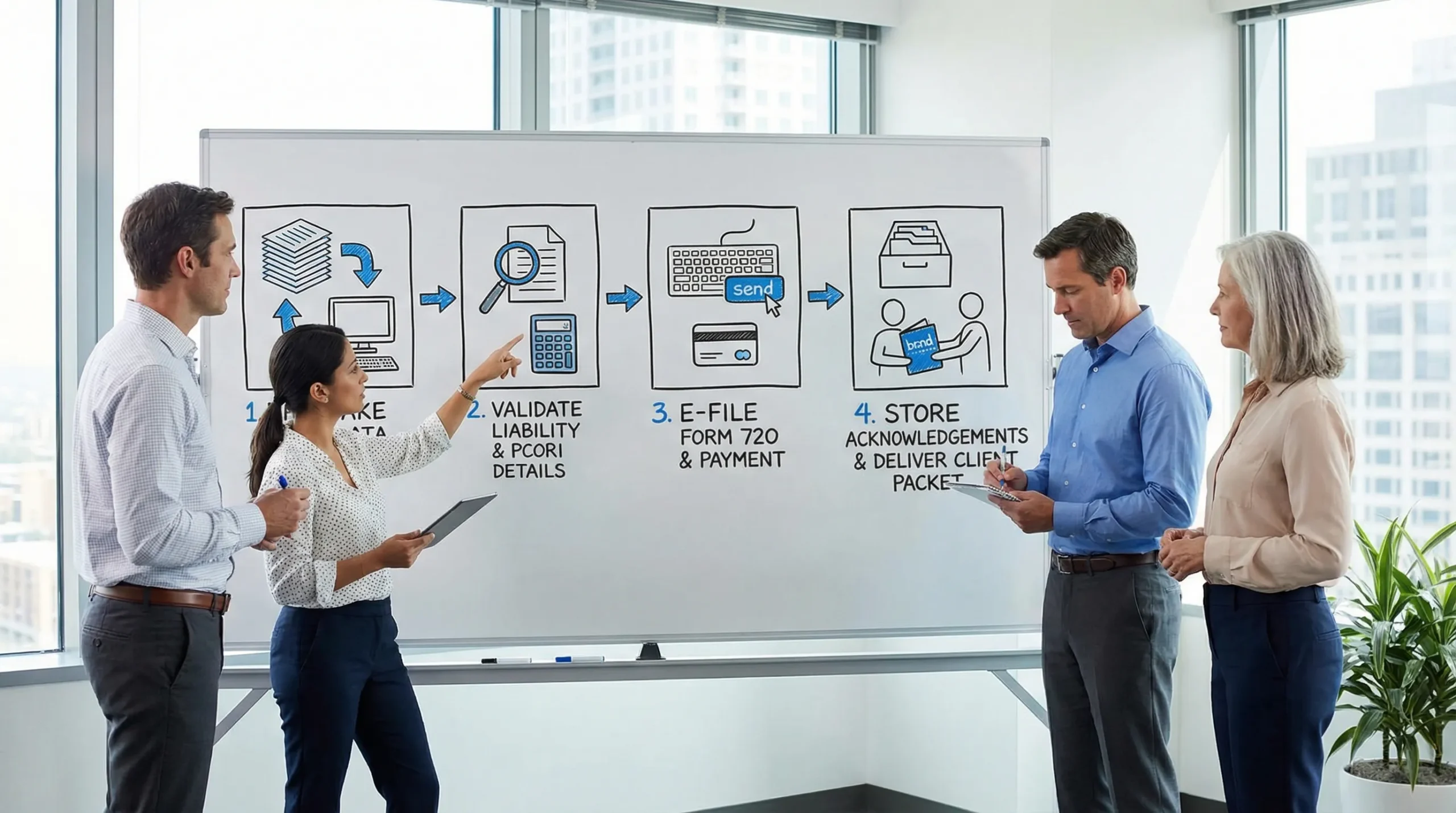 A simple four-step diagram showing a CPA practice workflow: intake data, validate liability and PCORI details, e-file Form 720 and payment, store acknowledgements and deliver client packet.