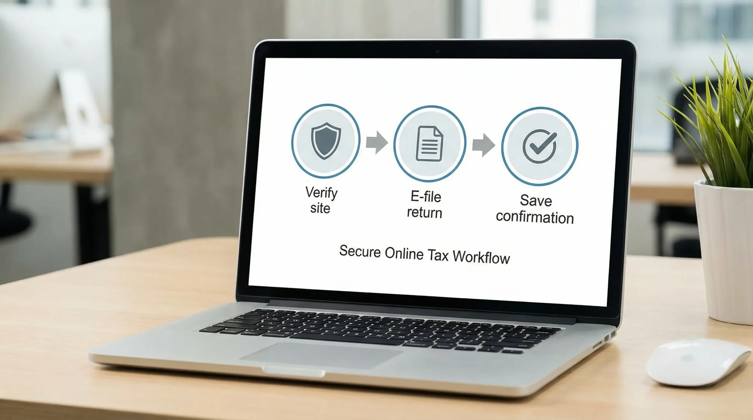 A simple illustration of a secure online tax workflow showing three labeled steps in a row: Verify site, E-file return, Save confirmation. Each step has a small icon (shield, document, checkmark) on a clean background.