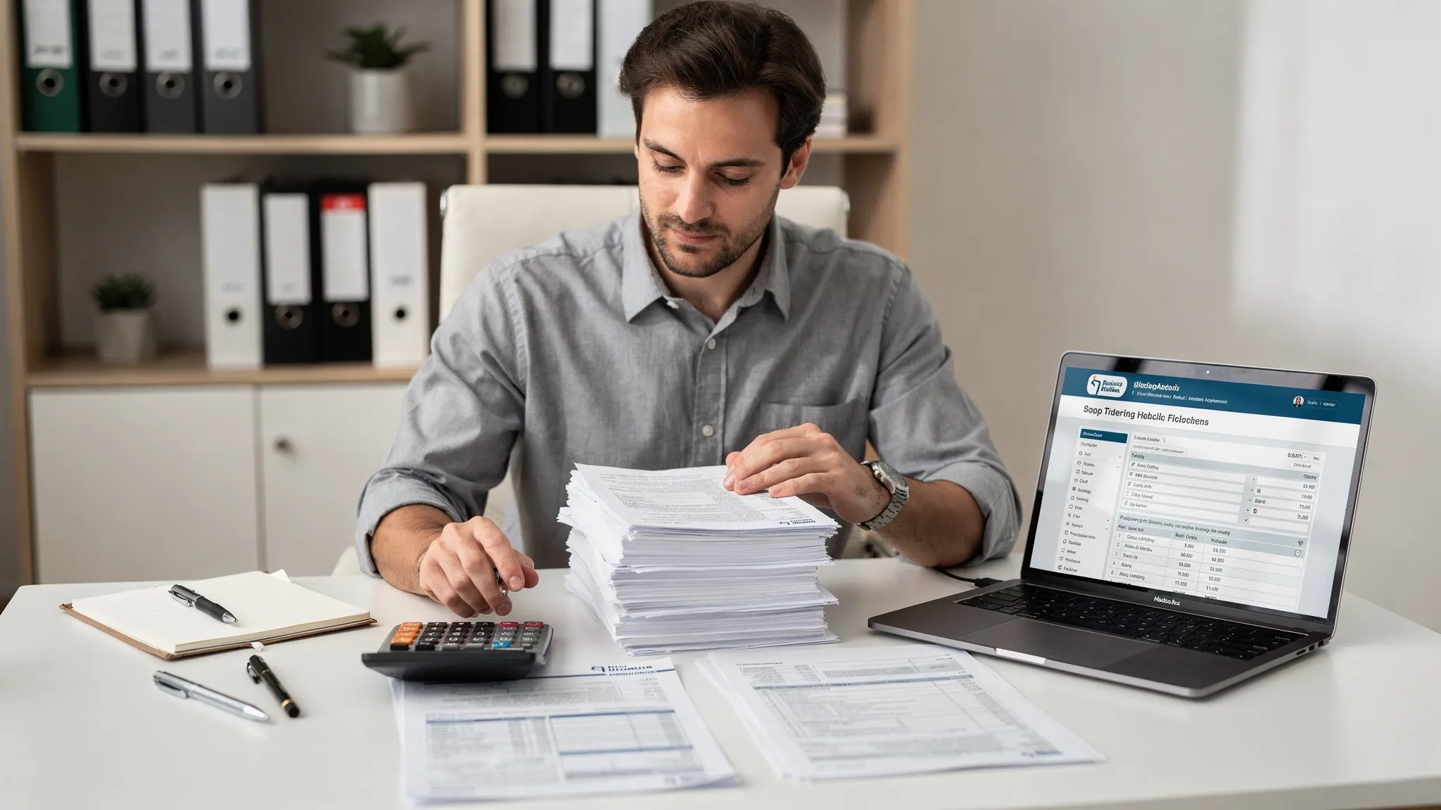 A small business finance manager at a desk organizing paper invoices, a calculator, and printed tax worksheets next to an open laptop, preparing information for online tax filing.