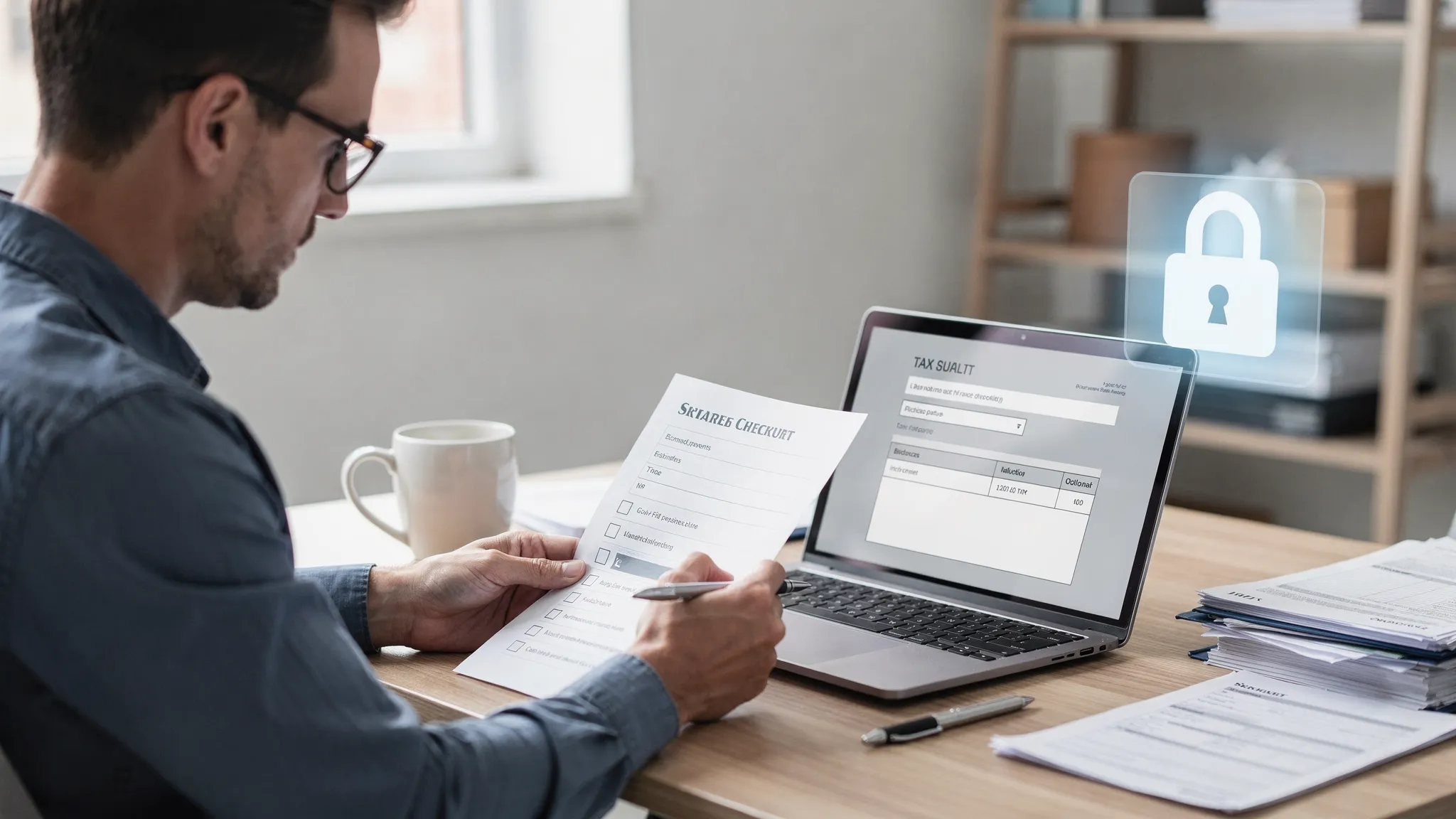 A small business finance manager at a desk reviewing a tax checklist on paper next to an open laptop, with a lock icon visual representing secure online filing. The laptop screen faces the viewer and shows a generic tax form layout with no real data.