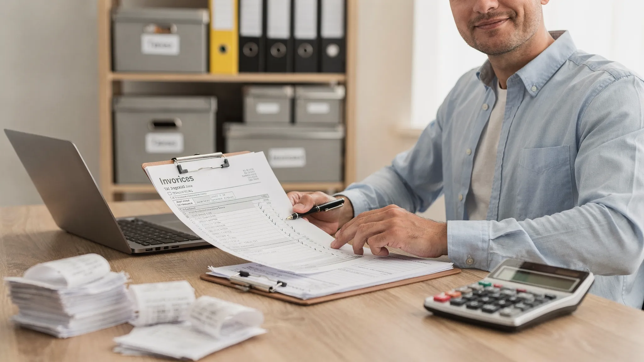 A small business owner at a desk reviewing tax documents and a checklist, with a calculator, receipts, and a laptop open in the correct direction, conveying organized tax return preparation.