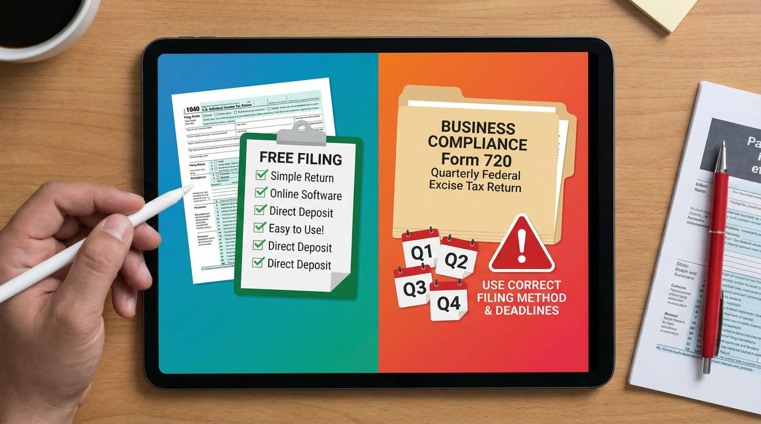 A split-screen style illustration showing two paths: on the left, an individual 1040 tax return with a “free filing” checklist; on the right, a business compliance folder labeled “Form 720 excise tax” with quarterly calendar pages and a warning icon about using the correct filing method.