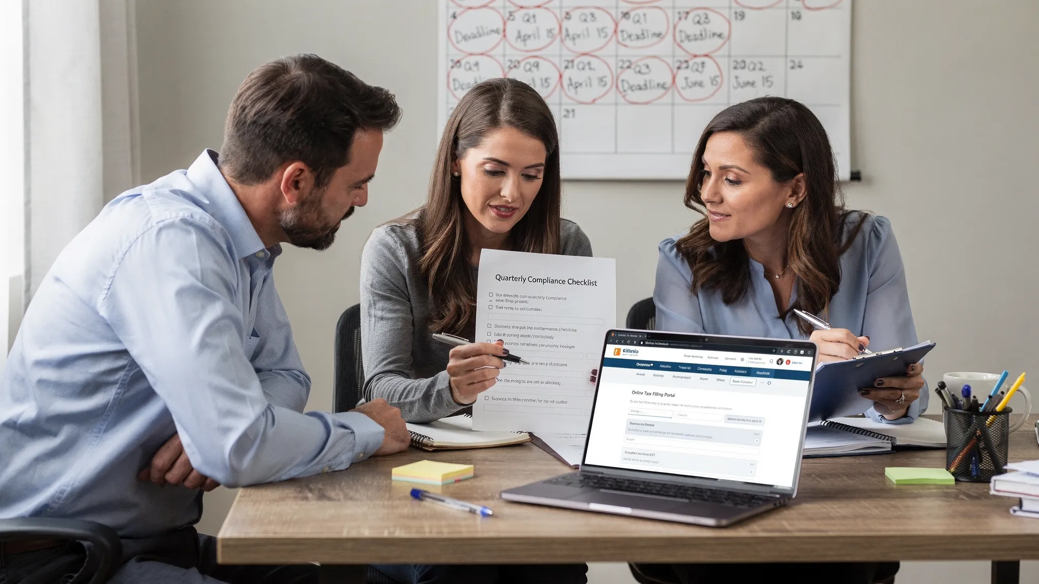 An Illinois-based small business finance team at a desk reviewing a quarterly compliance checklist on paper, with a laptop open showing a generic tax filing portal screen (no visible branding), and a wall calendar marked with quarterly due dates.
