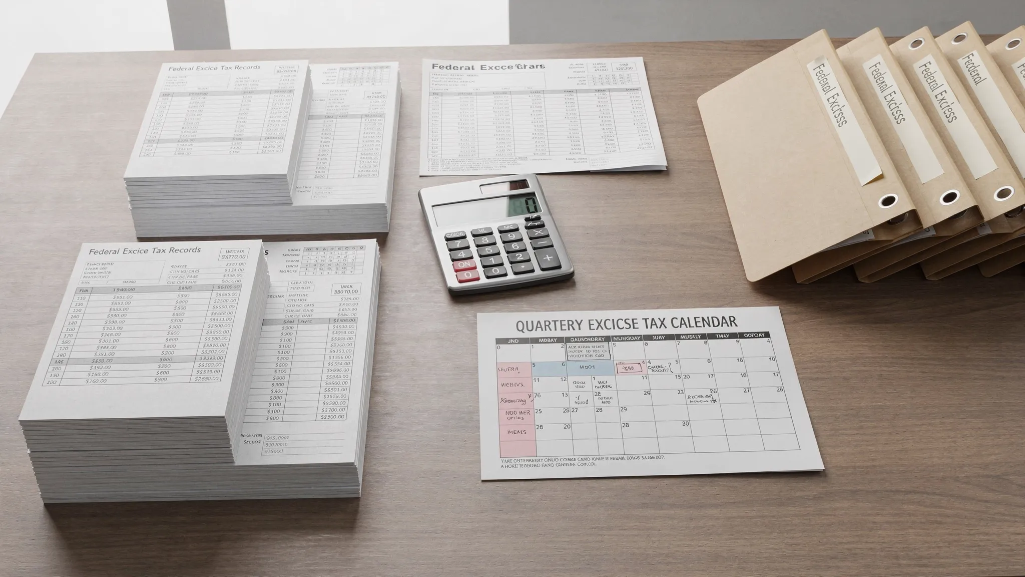 A business desk with organized invoices, a calculator, a quarterly tax calendar, and folders labeled federal excise tax records.