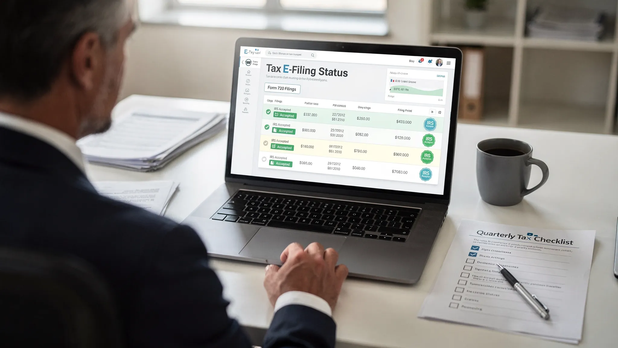 A business owner reviewing an online tax e-filing status dashboard on a laptop, with Form 720 filing records, IRS acknowledgment icons, and a printed quarterly tax checklist on the desk. The laptop screen faces the viewer and is clearly visible.