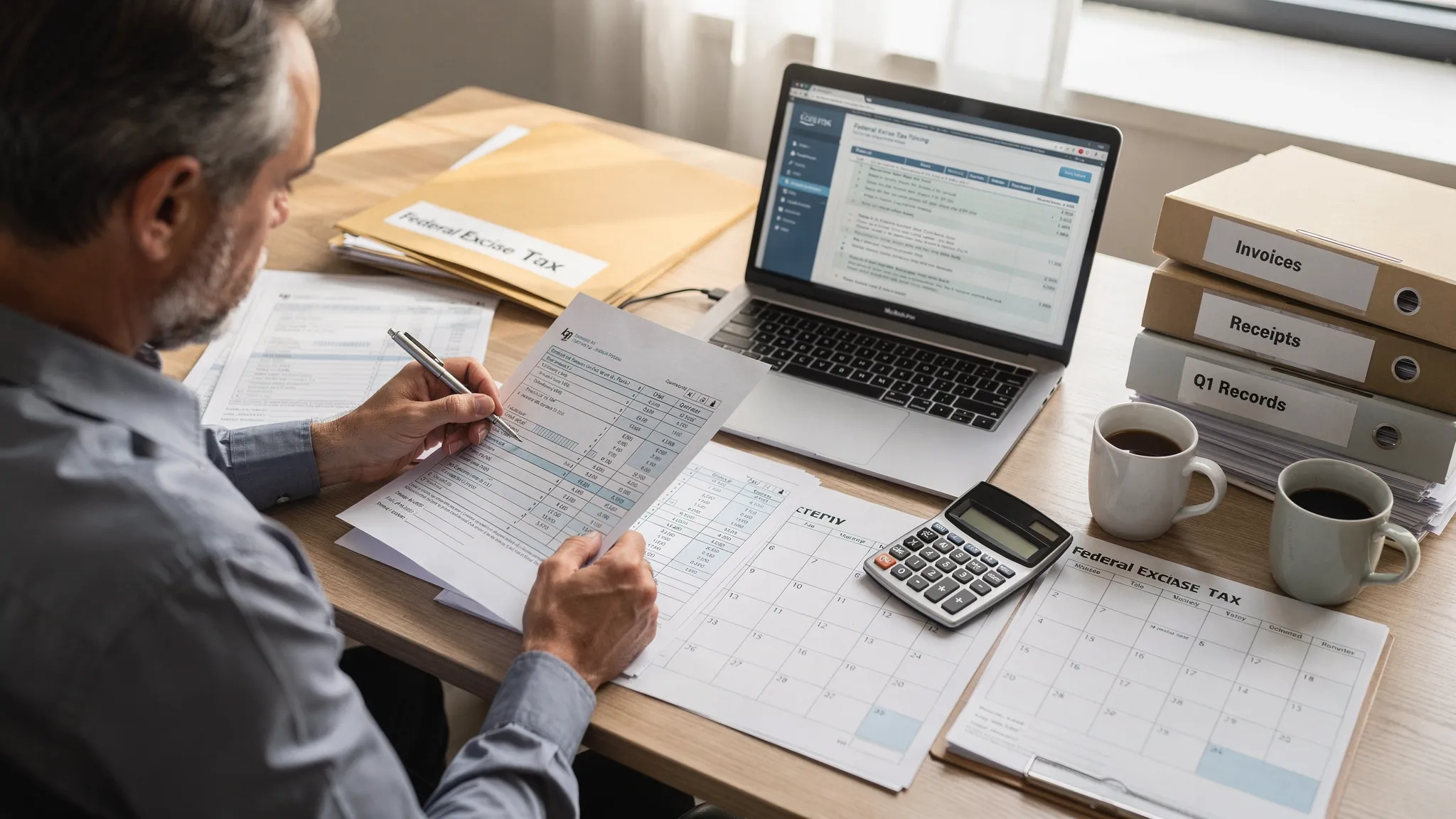 A business owner reviews organized invoices, tax records, and a quarterly calendar on a desk while preparing federal excise tax filing documents.