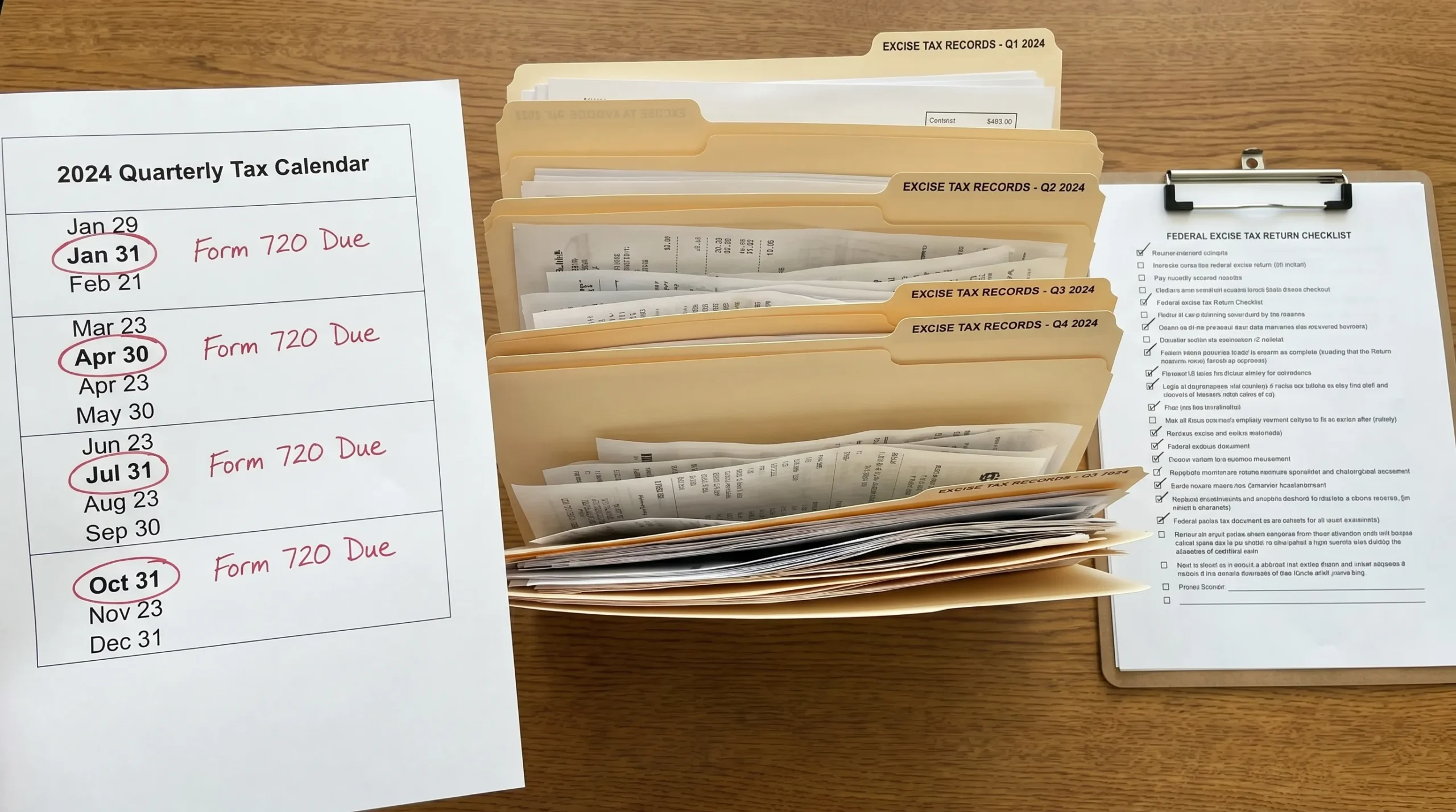 A quarterly tax calendar with four marked Form 720 deadlines, organized folders for excise tax records, and a checklist for preparing a federal excise tax return.