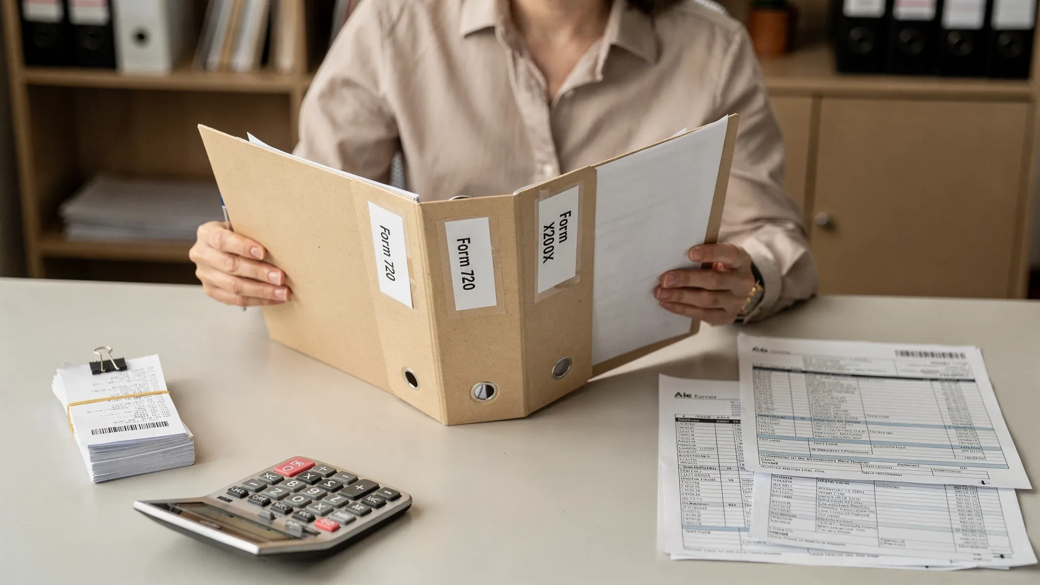 A small business owner reviews labeled folders for Form 720, Form 720-X, and Form 8849 on a desk with tax records, invoices, and a calculator organized beside them.