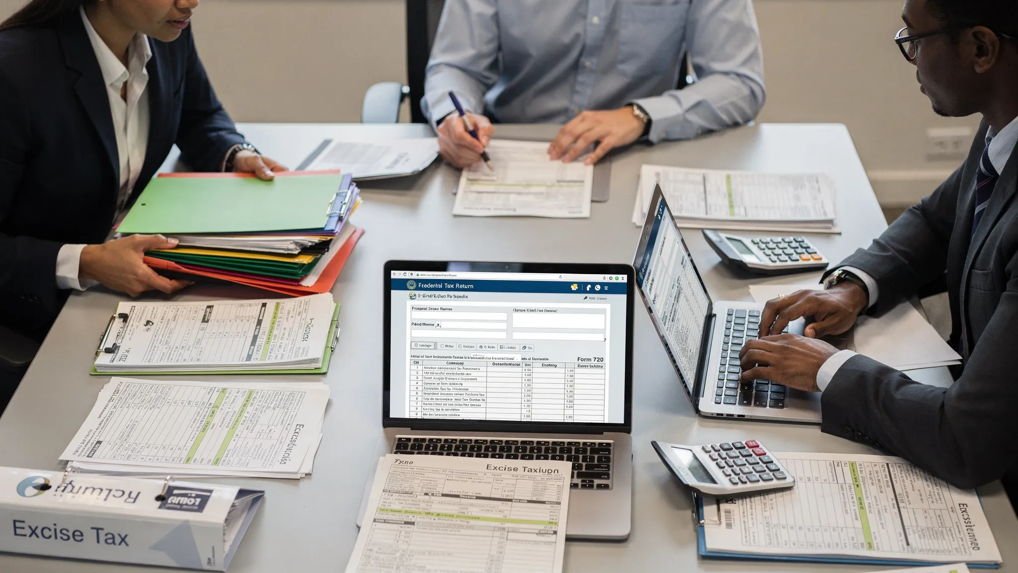 A small business tax team reviewing organized excise tax records, invoices, and Form 720 filing details before submitting a federal excise tax return online.