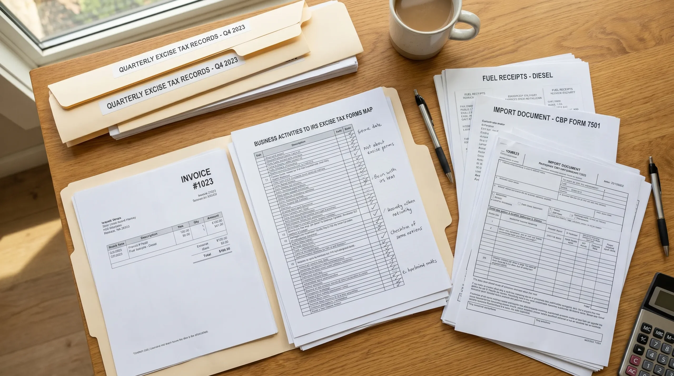 A tabletop with quarterly excise tax records, invoices, fuel receipts, import documents, and a checklist mapping business activities to IRS excise tax forms.