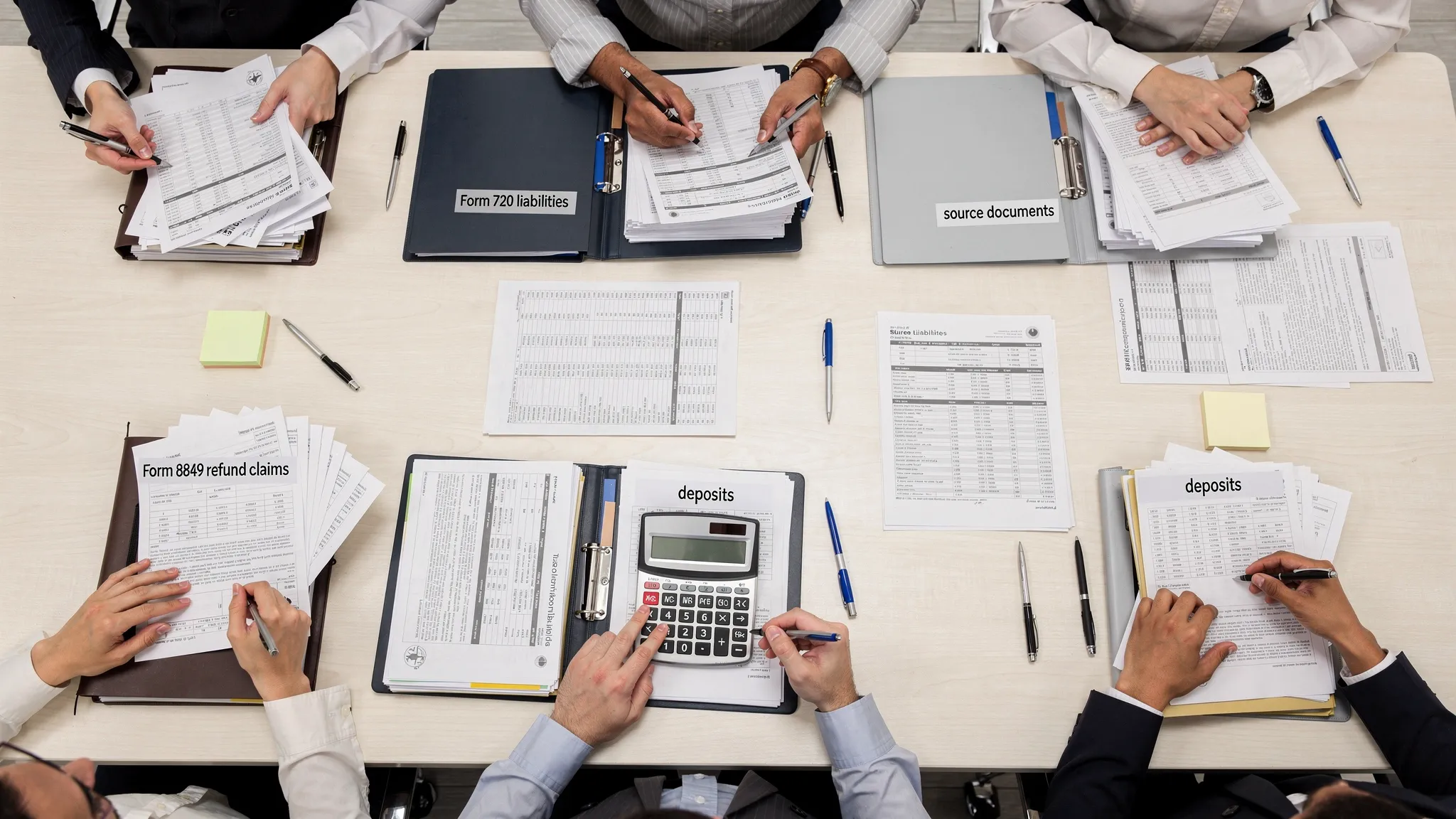 Overhead view of a finance team’s hands sorting quarterly folders across a conference table, with folders labeled