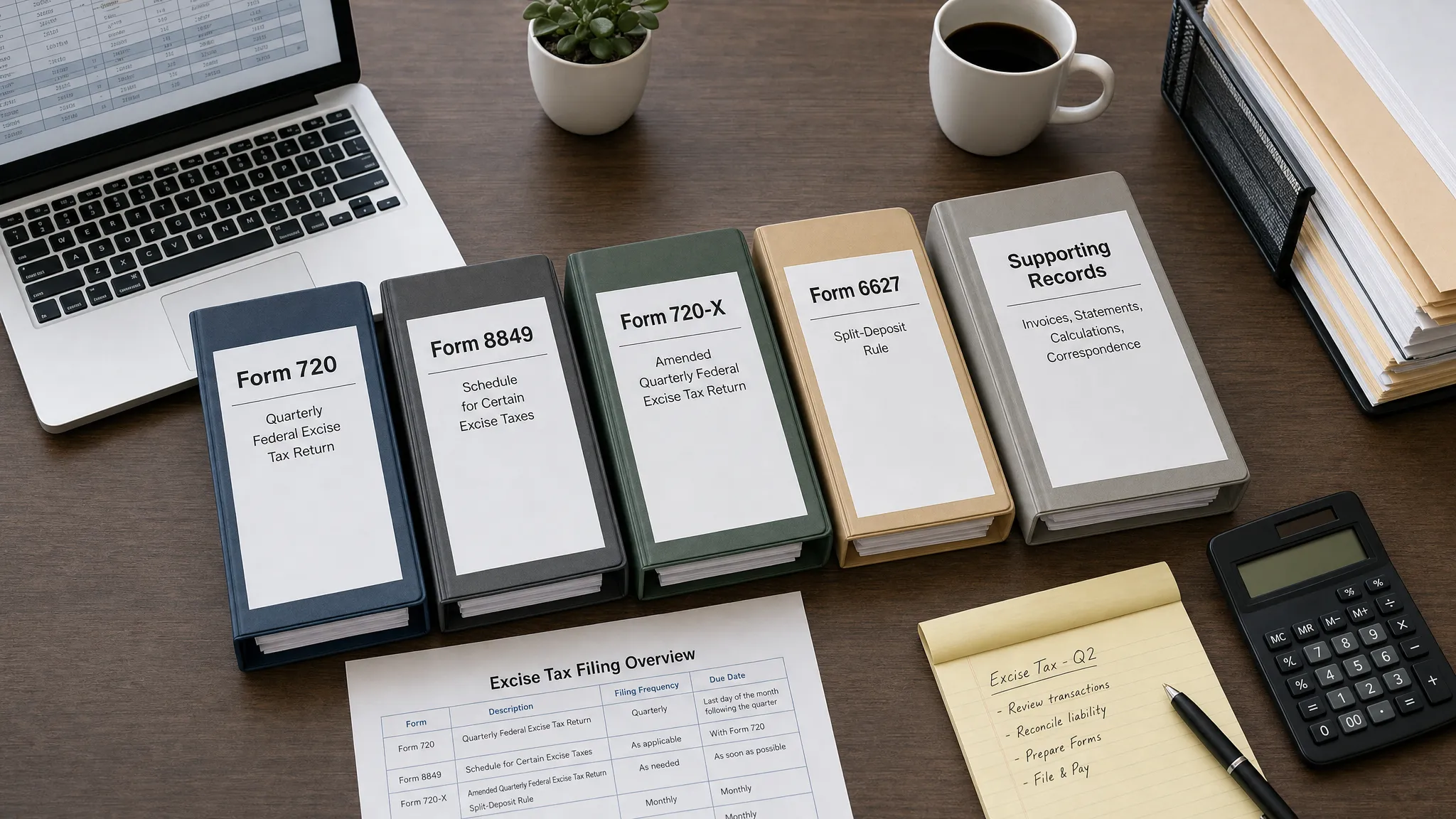 A business tax workspace with organized folders labeled Form 720, Form 8849, Form 720-X, Form 6627, and supporting records for excise tax filing, shown from a slight overhead view on a clean desk.