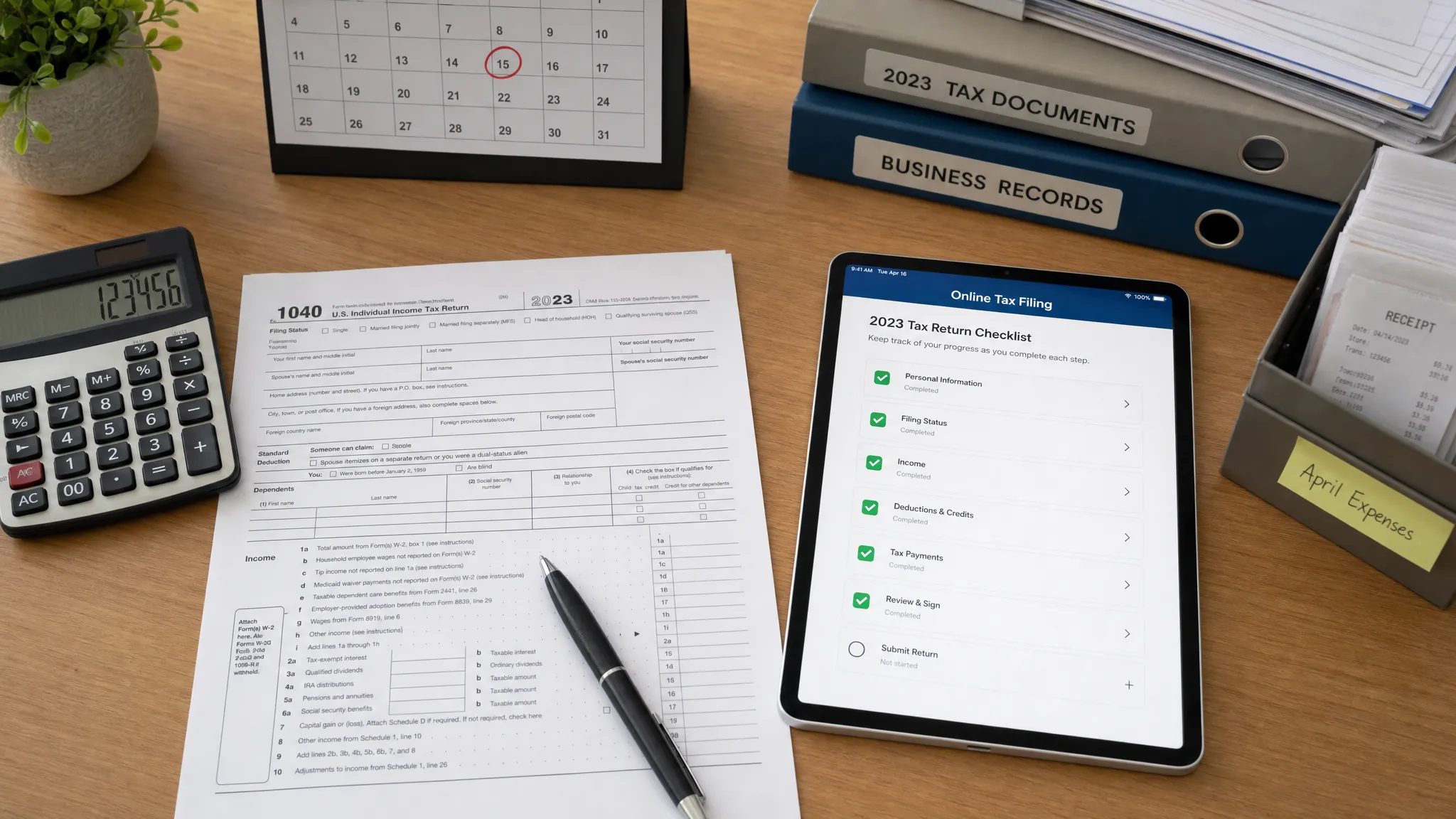 A paper tax return on one side of a desk and an online tax filing checklist on a tablet screen facing upward on the other side, with a calculator, calendar, and organized business records nearby.