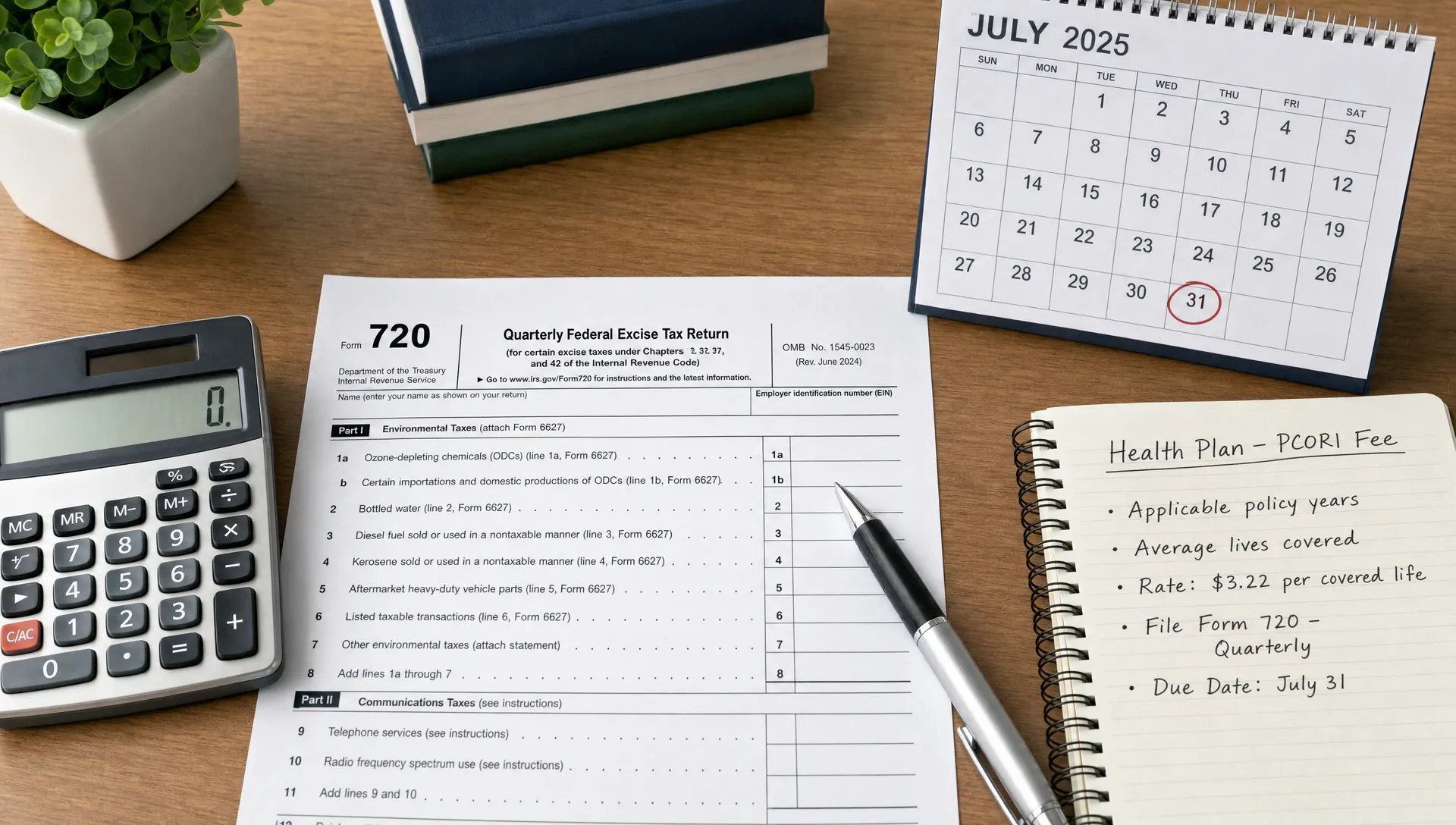 A clean desk shows a Form 720 page, calculator, July 31 calendar, and health plan notes for PCORI fee review.