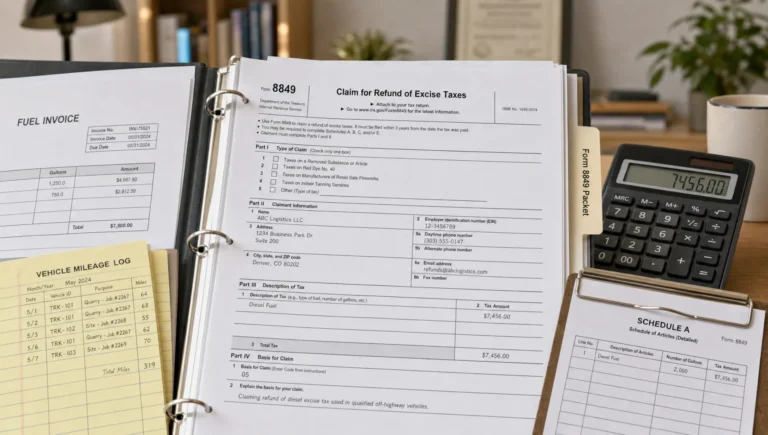 A Form 8849 packet sits beside fuel invoices, a mileage log, and a calculator, showing the records needed for an excise tax refund claim.