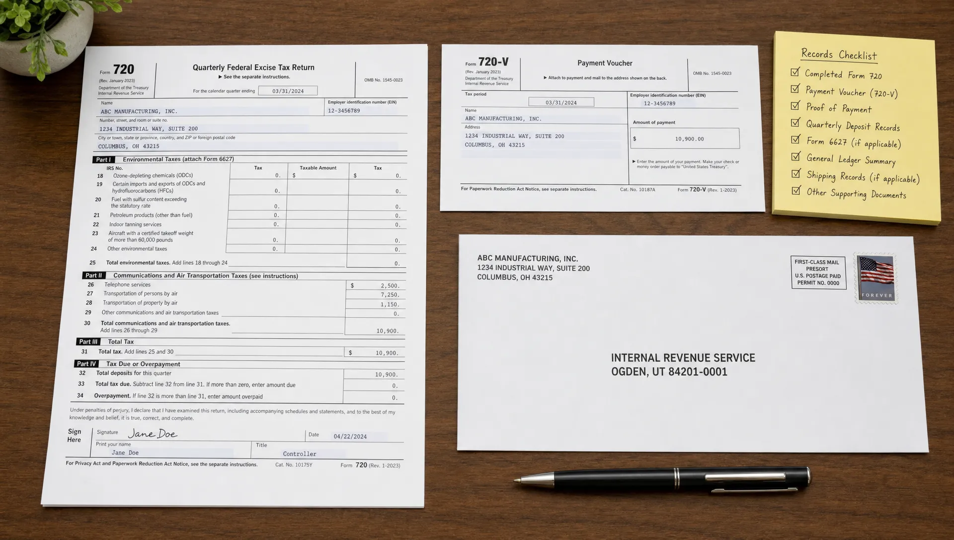 A neatly prepared IRS Form 720 mailing packet on a desk, with a completed tax form, Form 720-V payment voucher, a labeled envelope addressed to the Internal Revenue Service in Ogden Utah, and a checklist for records.