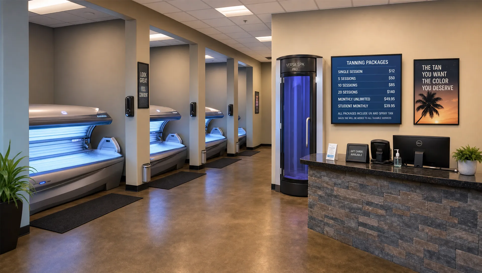 A tanning salon interior with beds, a booth and a session menu reflects tanning bed prices and taxable services.