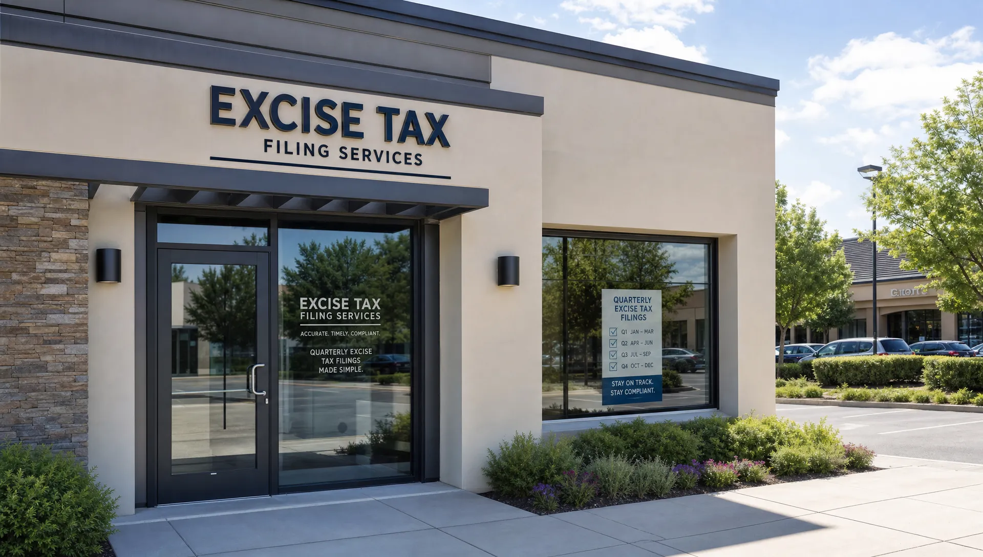 A tax office entrance suggests Form 720 filing services for businesses.