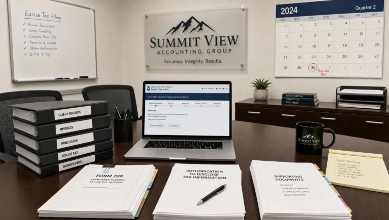An accounting firm meeting room is set up with Form 720 packets, authorization forms, and a laptop for filing work.