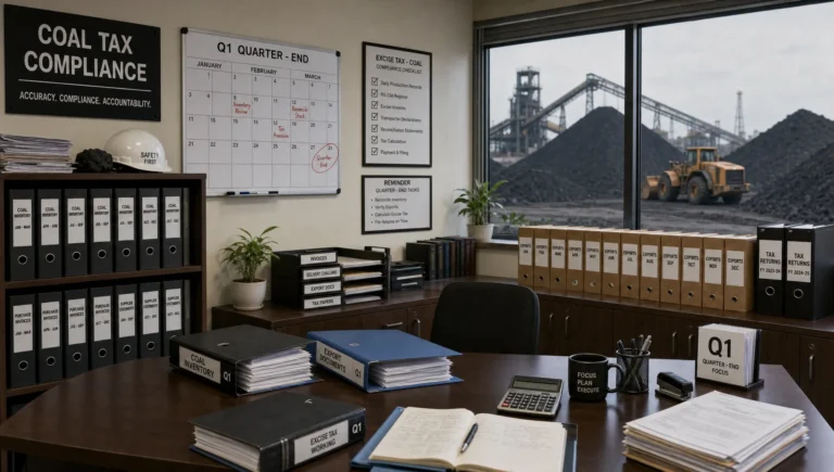 An industrial tax office is set up with coal inventory binders, export folders and a quarter-end Form 720 calendar.