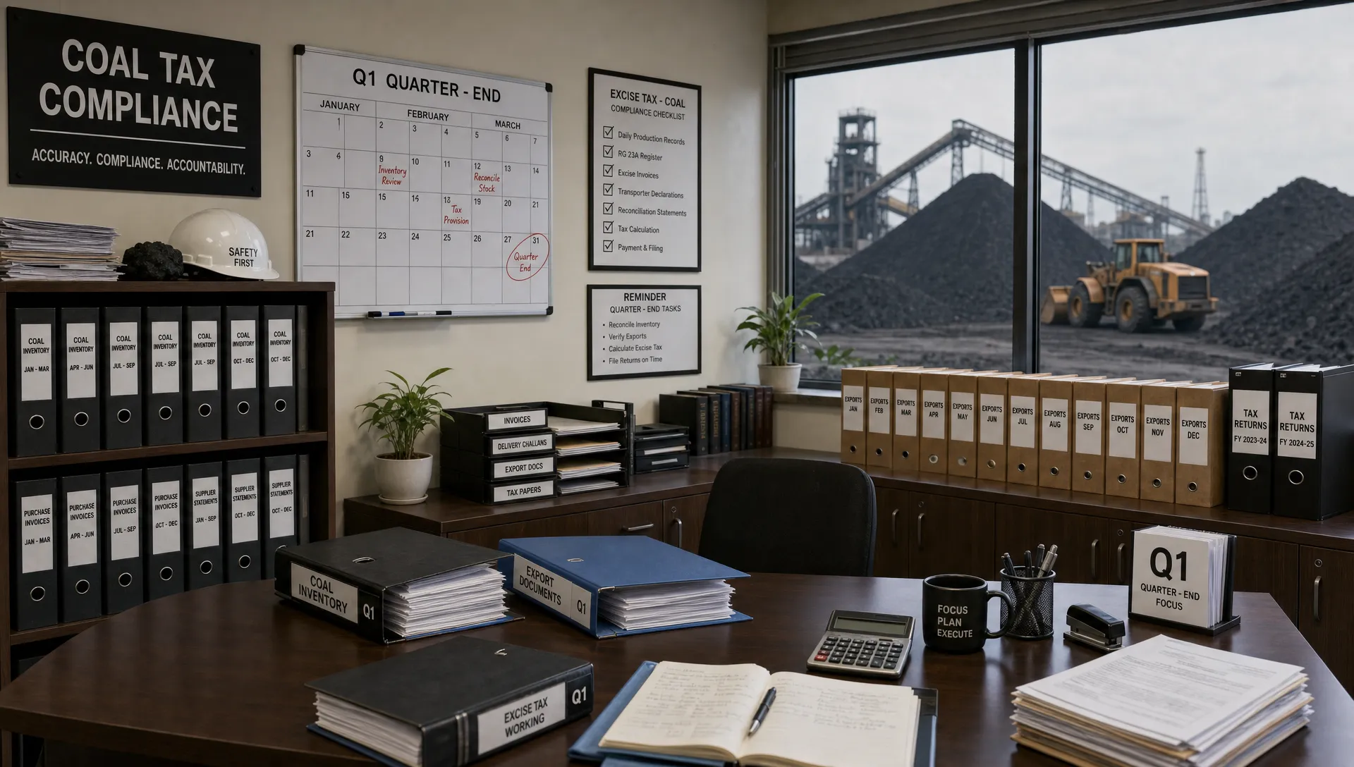 An industrial tax office is set up with coal inventory binders, export folders and a quarter-end Form 720 calendar.