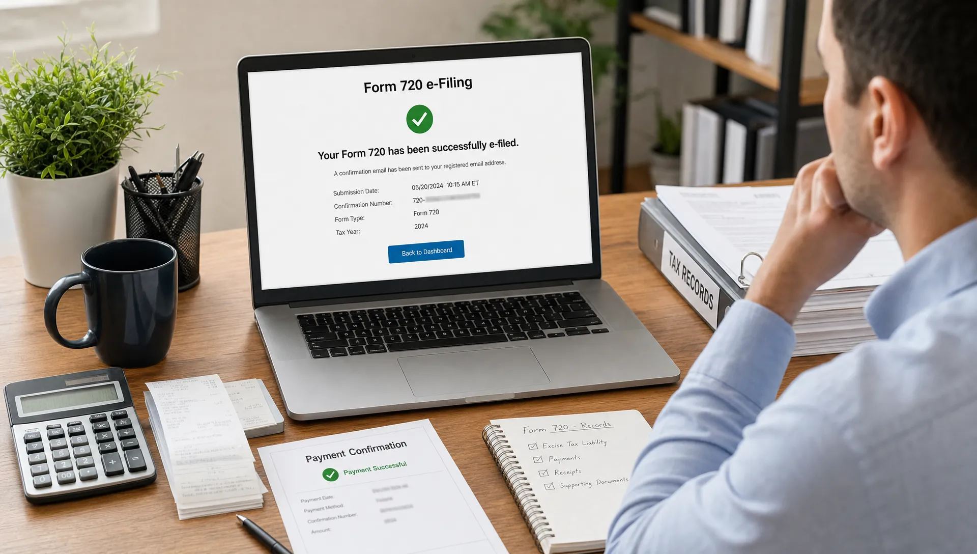 Business owner reviewing a Form 720 e-filing confirmation status on a laptop at a clean office desk with tax records, receipts, and a payment confirmation slip neatly organized around it. The laptop screen faces the viewer and shows a simple confirmation status without readable sensitive details.