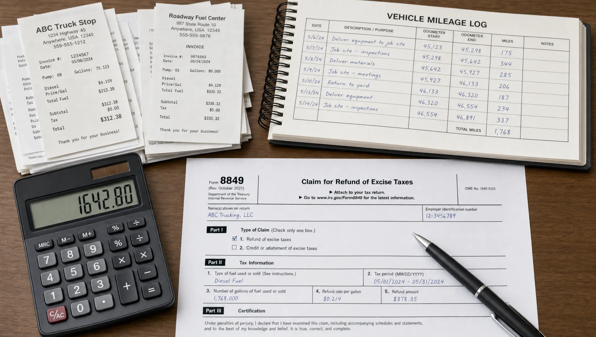 Fuel invoices, a vehicle mileage log, a calculator, and Form 8849 records are arranged together to support an excise tax refund claim.