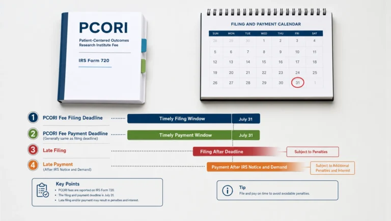 Layered forms and deadline markers show the timing of a late PCORI filing and payment.