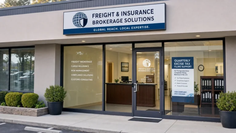A brokerage office exterior hints at support for foreign insurance tax filing and quarterly excise compliance.