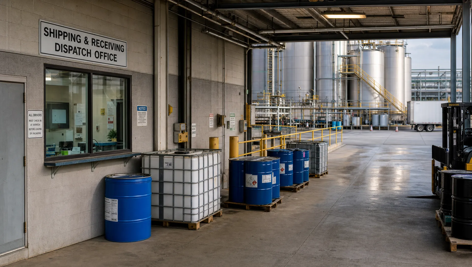 A chemical plant loading area with tanks, drums, and a dispatch office shows the setting for superfund chemical tax records.
