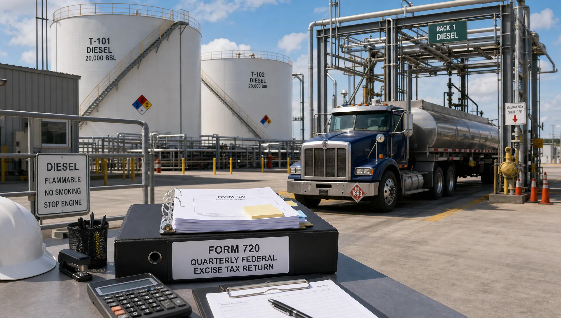 A diesel fuel terminal with storage tanks, a tanker truck at the loading rack, and paperwork organized nearby for Form 720 filing.