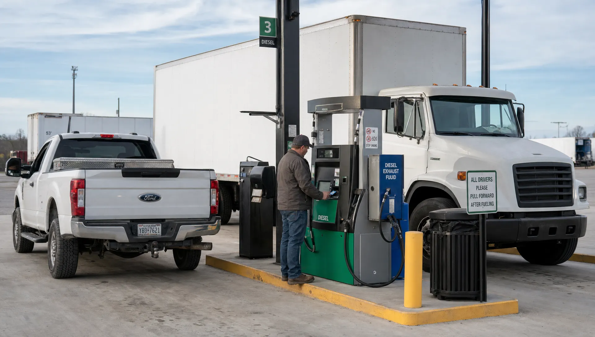 A driver at a trucking yard fuel pump shows everyday diesel use that may not require Form 720.