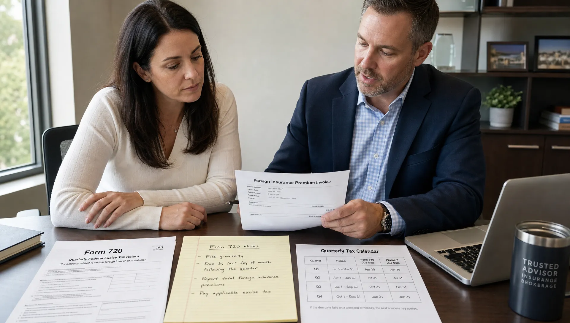 A policyholder and insurance broker review a foreign insurance premium invoice, Form 720 notes and a quarterly tax calendar at a desk.
