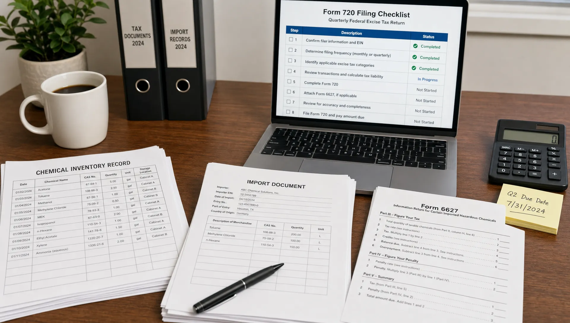 A tax preparation desk with chemical inventory records, import documents, and a Form 6627 worksheet beside a laptop open to a Form 720 filing checklist.