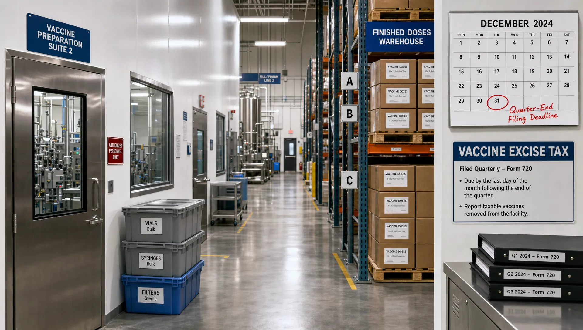 A vaccine manufacturing facility shows storage bins, boxed doses, and a calendar for quarterly Form 720 filing.