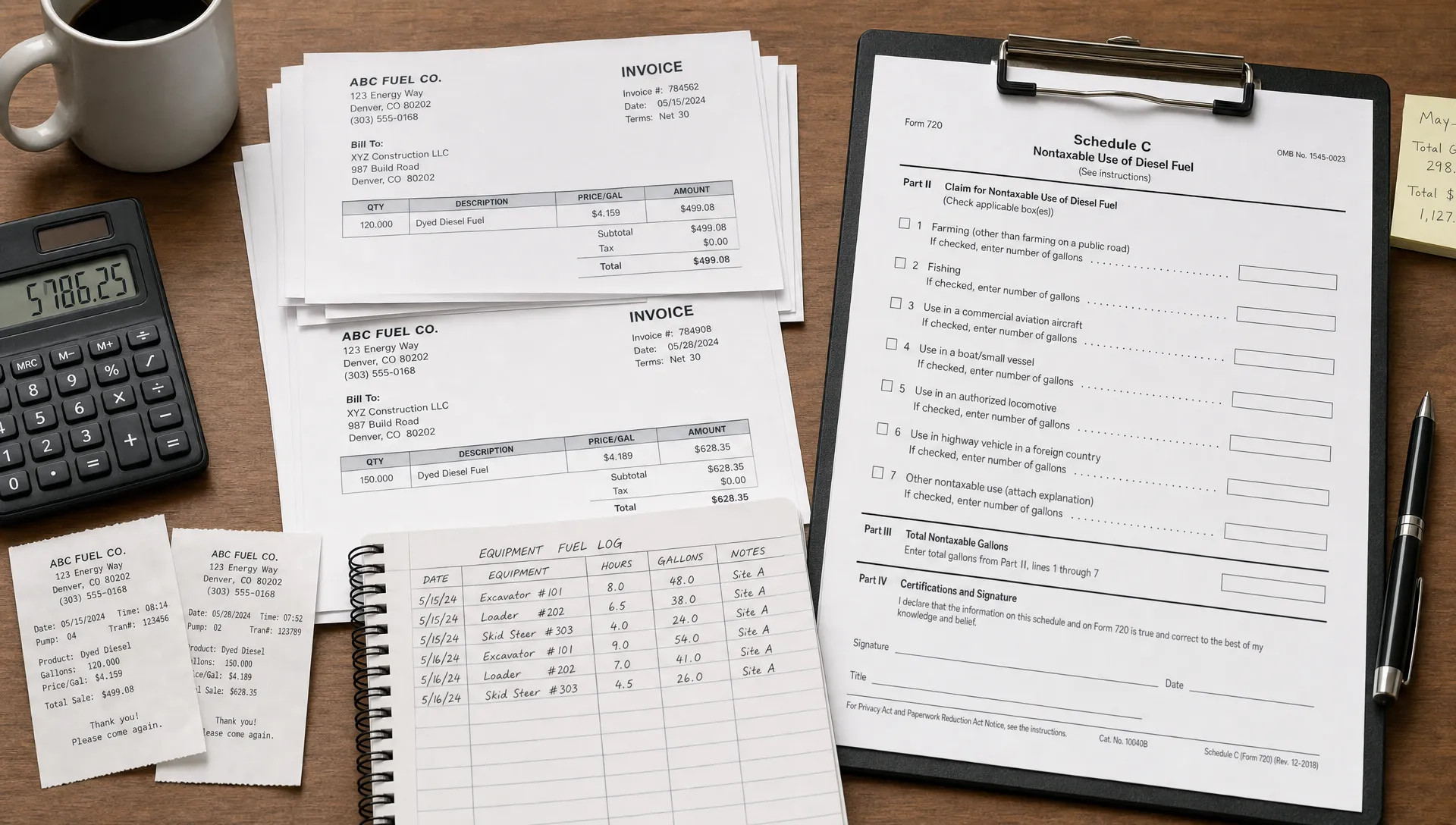 Fuel invoices, equipment logs, and a Form 720 Schedule C checklist are spread out to prepare a nontaxable fuel claim.